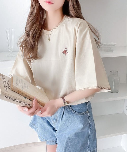 《Javaジャバコラボ》ステッチデザインが目を惹く。綿100%ワンポイントハンド刺繍ピグメントTシャツ jv1260109