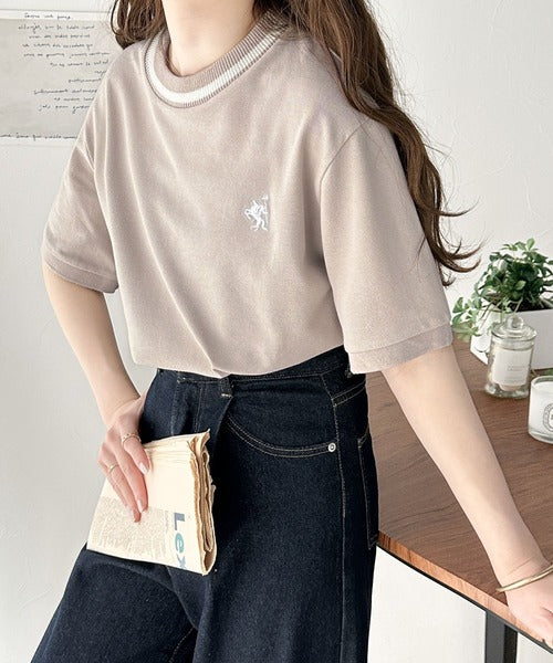 レトロ配色が可愛い。綿100%、編立リブワンポイント刺繍鹿の子Tシャツ ce1260165