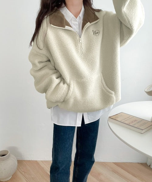《Javaジャバコラボ》あったか素材でほっこり。JAVA刺繍ボアフリースハーフジップPO jv1260011