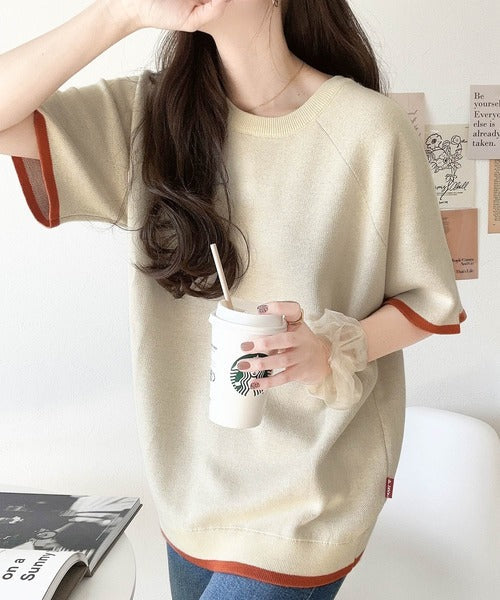 《JaVa ジャバコラボ》大人のカジュアルトップス。前後2way ラグラン半袖グラフィックニットTシャツ jv1050169