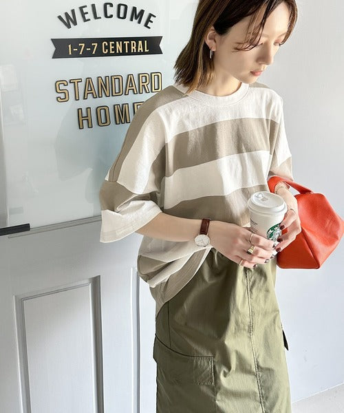 《JaVa ジャバコラボ》綿100％、ワイドボーダーbigシルエットトップス ce0970080