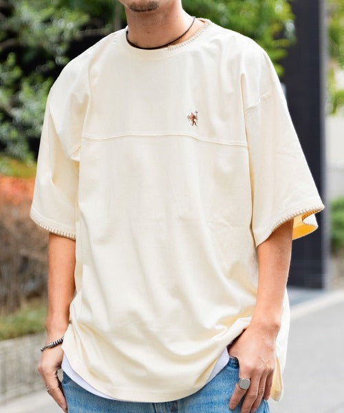 《JaVa ジャバコラボ》レトロモダンな大人カジュアルTee。Tシャツワンポイントハンド刺繍ピグメントTシャツ jm1260109