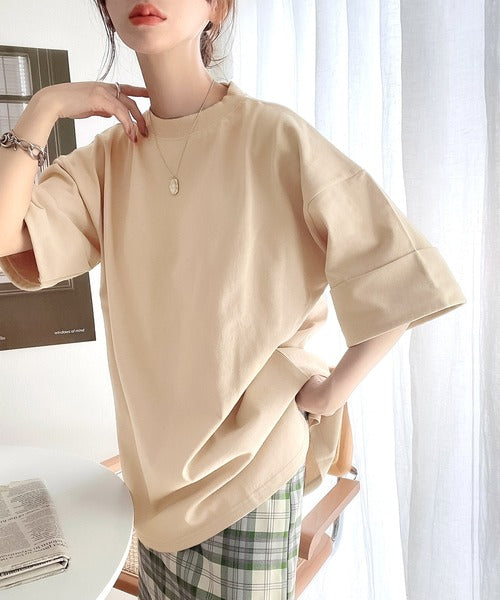 ゆるっとカジュアル。ミドル丈無地クルーネックビッグTシャツ（半袖） cl7018