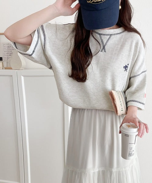 《JaVa ジャバコラボ》ポコポコ素材が今の気分♪胸刺繍＆配色ステッチワッフル半袖Tシャツ jv1260111