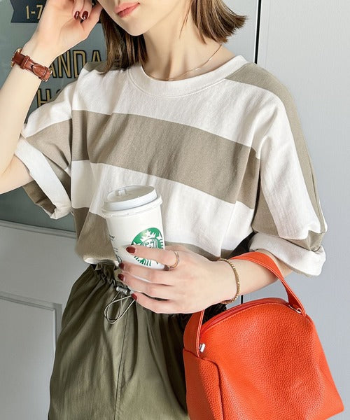 《JaVa ジャバコラボ》綿100％、ワイドボーダーbigシルエットトップス ce0970080