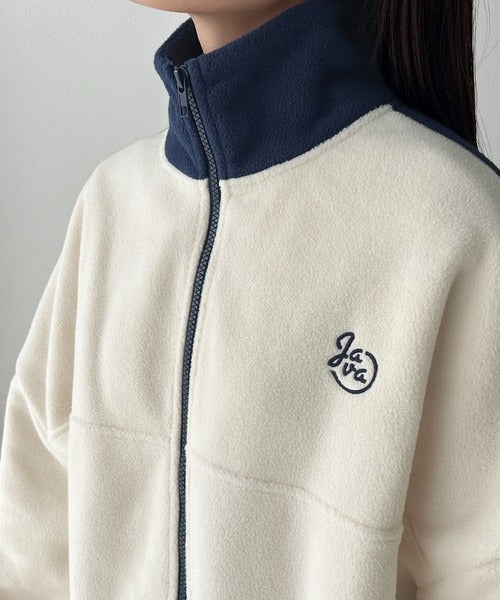 《Javaジャバコラボ》大人スポーティ ロゴ刺繍 フリースサイドライン配色フルジップトップス jv1050117