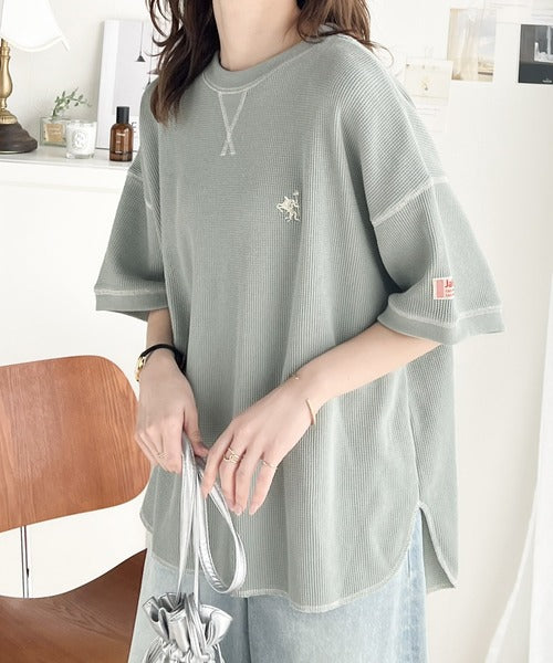 《JaVa ジャバコラボ》ポコポコ素材が今の気分♪胸刺繍＆配色ステッチワッフル半袖Tシャツ jv1260111