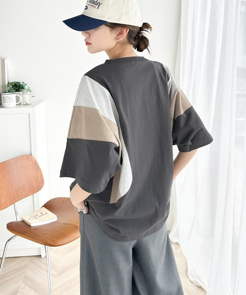 《JaVaジャバ コラボ》理想のゆったり感。綿100％マルチカラー配色切替Tシャツ jv1050178