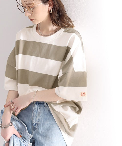 《JaVa ジャバコラボ》綿100％、ワイドボーダーbigシルエットトップス ce0970080
