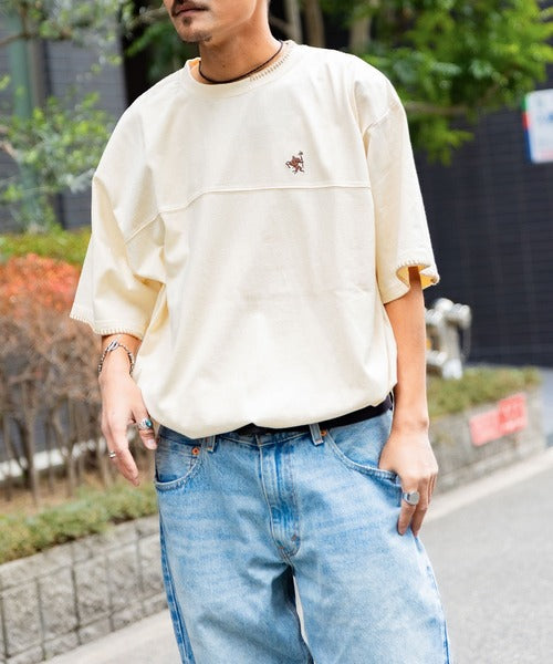 《JaVa ジャバコラボ》レトロモダンな大人カジュアルTee。Tシャツワンポイントハンド刺繍ピグメントTシャツ jm1260109