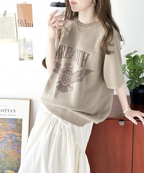 《JaVa ジャバコラボ》大人のカジュアルトップス。前後2way ラグラン半袖グラフィックニットTシャツ jv1050169
