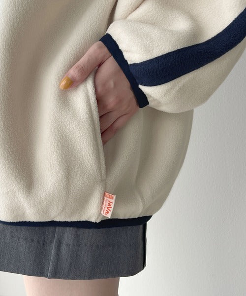 《Javaジャバコラボ》大人スポーティ ロゴ刺繍 フリースサイドライン配色フルジップトップス jv1050117