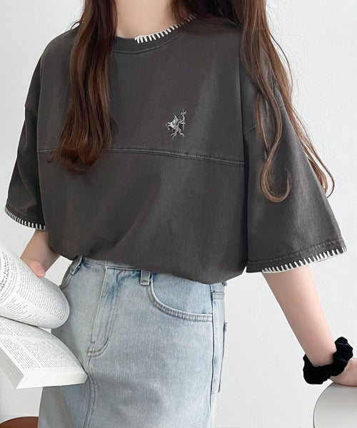 《Javaジャバコラボ》ステッチデザインが目を惹く。綿100%ワンポイントハンド刺繍ピグメントTシャツ jv1260109