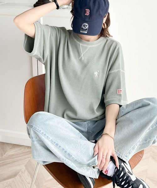 《JaVa ジャバコラボ》ポコポコ素材が今の気分♪胸刺繍＆配色ステッチワッフル半袖Tシャツ jv1260111