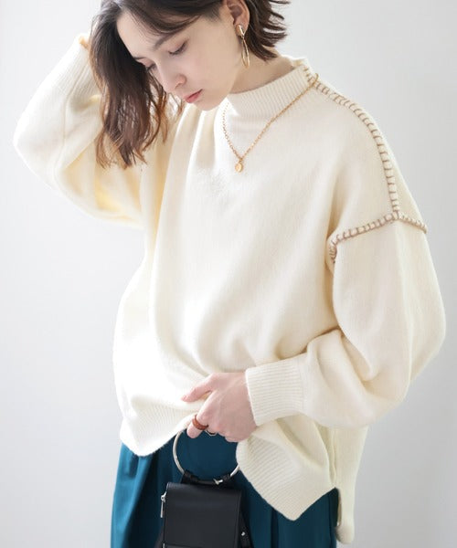ざっくり今っぽい。モックネックハンドステッチ風オーバーニット clf018