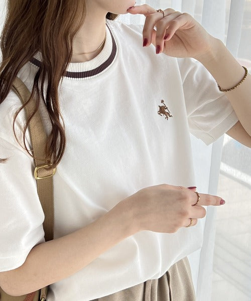 レトロ配色が可愛い。綿100%、編立リブワンポイント刺繍鹿の子Tシャツ ce1260165