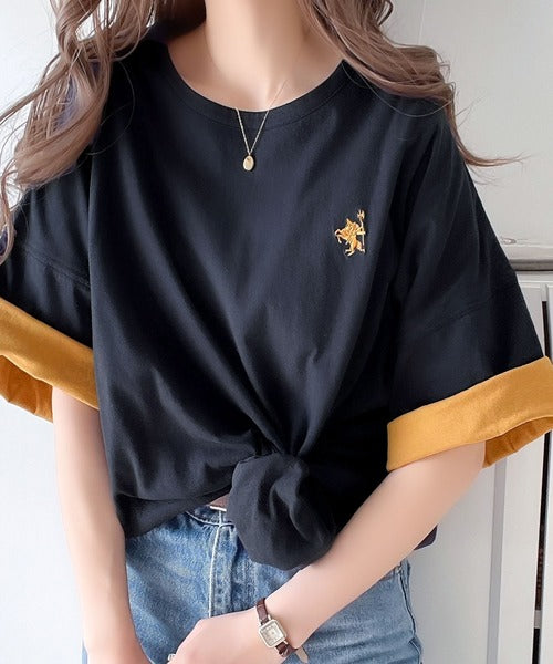 プラスワンでトレンド感UP。綿100%胸刺繍リバーシブルTシャツ ce1050179