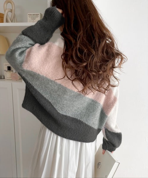 【mily bilet】ショート丈が旬なスタイルを演出。ウール混モヘアタッチ インターシャニットプルオーバー mi1149026