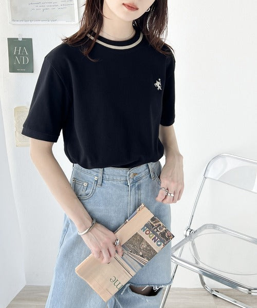 レトロ配色が可愛い。綿100%、編立リブワンポイント刺繍鹿の子Tシャツ ce1260165