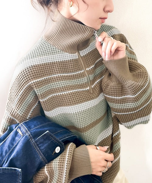 《JaVaジャバ コラボ》レトロ可愛い。マルチボーダー軽量ワッフルハーフジップニット jv1050053