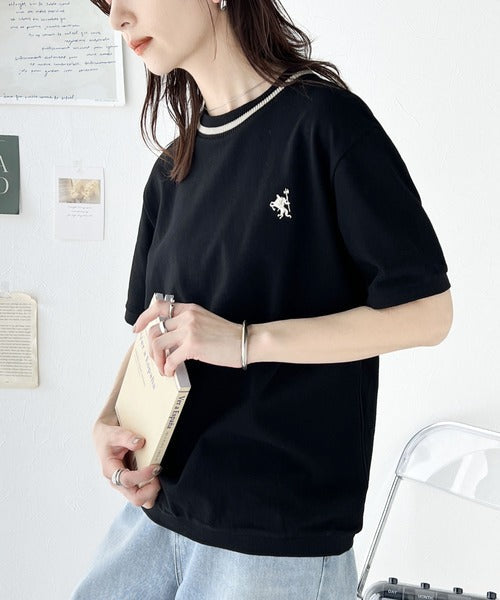 レトロ配色が可愛い。綿100%、編立リブワンポイント刺繍鹿の子Tシャツ ce1260165