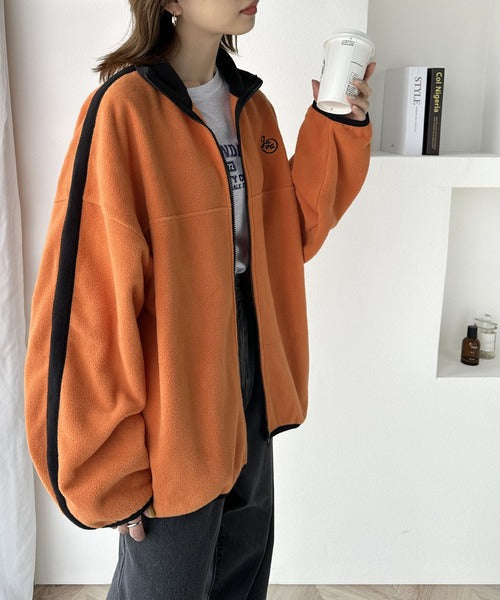 《Javaジャバコラボ》大人スポーティ ロゴ刺繍 フリースサイドライン配色フルジップトップス jv1050117
