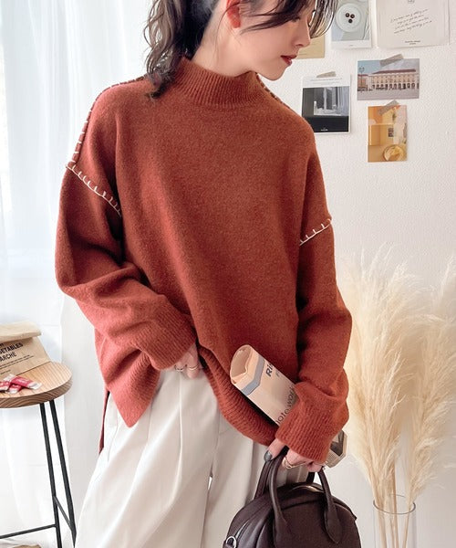 ざっくり今っぽい。モックネックハンドステッチ風オーバーニット clf018