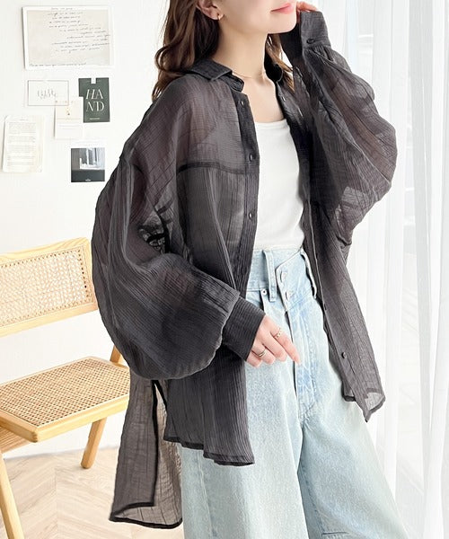 【sustaina+】上品なシアー感。シアーワッシャー切替ビッグシャツ ce1110068