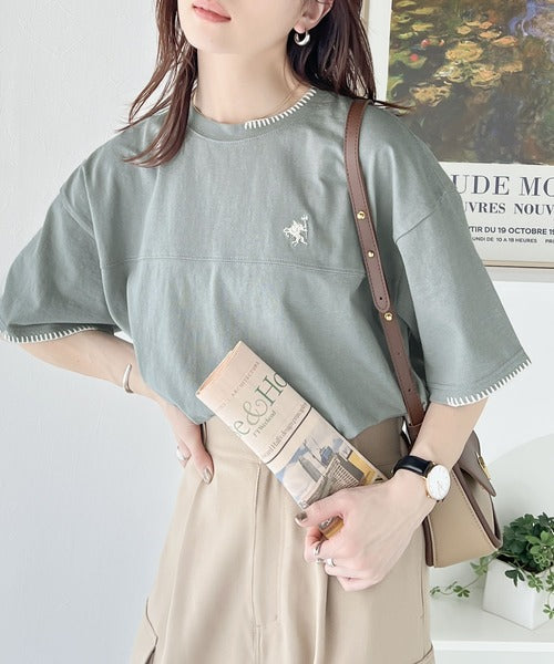 《Javaジャバコラボ》ステッチデザインが目を惹く。綿100%ワンポイントハンド刺繍ピグメントTシャツ jv1260109
