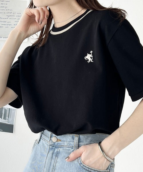 レトロ配色が可愛い。綿100%、編立リブワンポイント刺繍鹿の子Tシャツ ce1260165