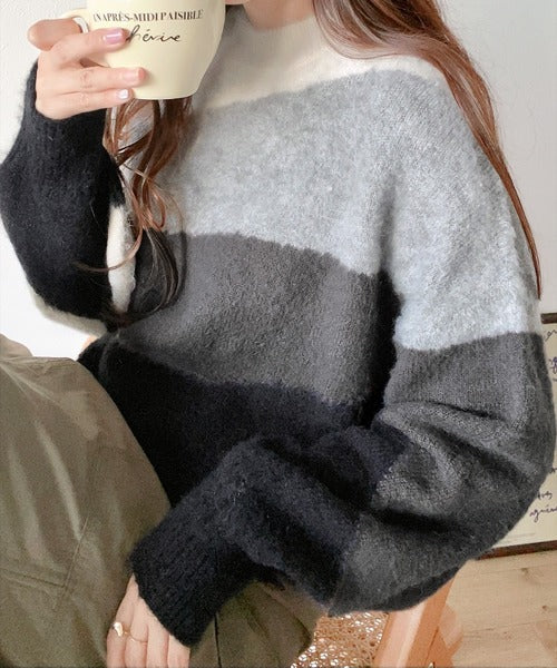 【mily bilet】ショート丈が旬なスタイルを演出。ウール混モヘアタッチ インターシャニットプルオーバー mi1149026