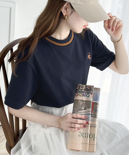 レトロ配色が可愛い。綿100%、編立リブワンポイント刺繍鹿の子Tシャツ ce1260165