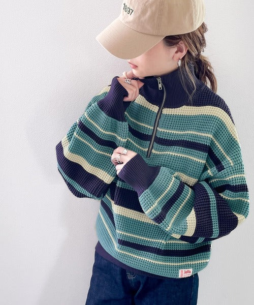 《JaVaジャバ コラボ》レトロ可愛い。マルチボーダー軽量ワッフルハーフジップニット jv1050053
