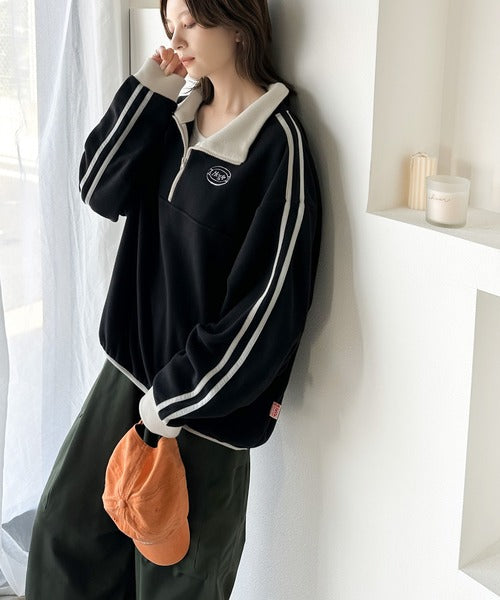 《JaVa ジャバコラボ》旬なレトロスポーツ。刺繍フリースアノラックハーフジップPO jv1260039