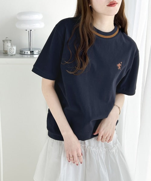 レトロ配色が可愛い。綿100%、編立リブワンポイント刺繍鹿の子Tシャツ ce1260165