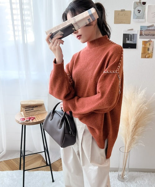ざっくり今っぽい。モックネックハンドステッチ風オーバーニット clf018