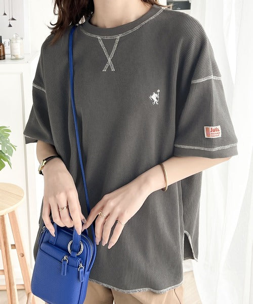 《JaVa ジャバコラボ》ポコポコ素材が今の気分♪胸刺繍＆配色ステッチワッフル半袖Tシャツ jv1260111