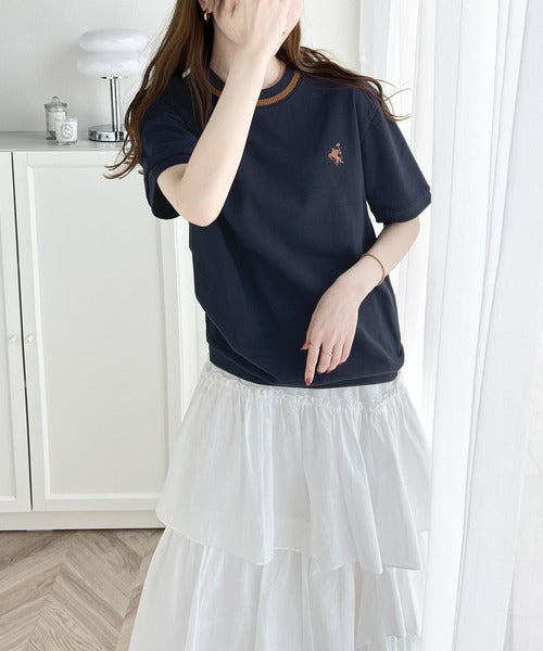 レトロ配色が可愛い。綿100%、編立リブワンポイント刺繍鹿の子Tシャツ ce1260165