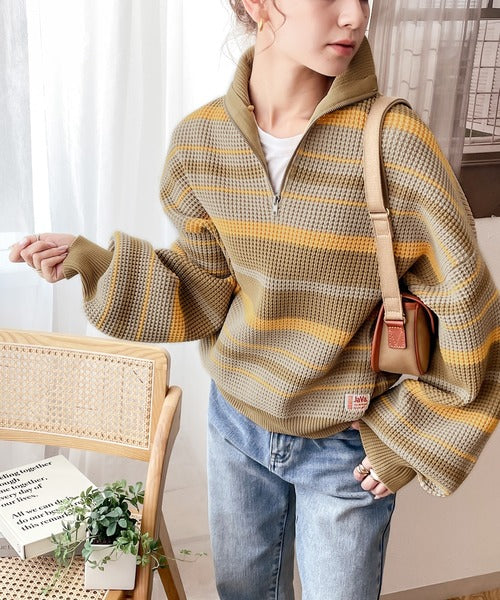 《JaVaジャバ コラボ》レトロ可愛い。マルチボーダー軽量ワッフルハーフジップニット jv1050053