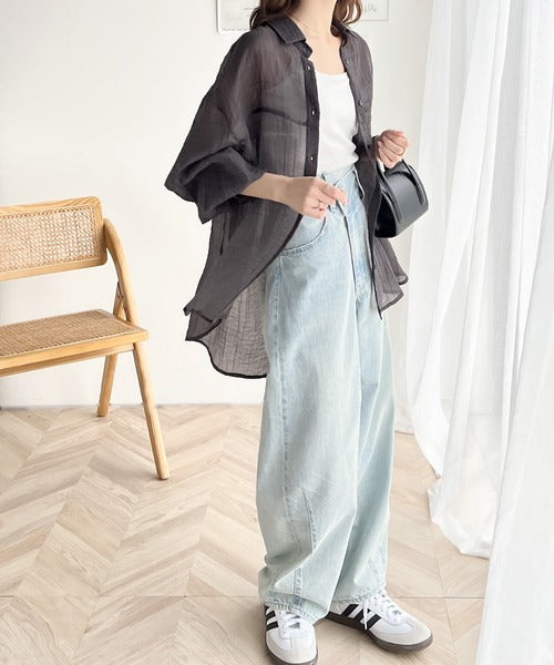【sustaina+】上品なシアー感。シアーワッシャー切替ビッグシャツ ce1110068
