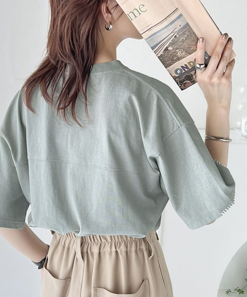《Javaジャバコラボ》ステッチデザインが目を惹く。綿100%ワンポイントハンド刺繍ピグメントTシャツ jv1260109