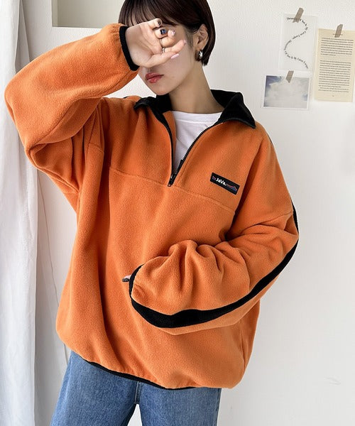 《Javaジャバコラボ》高見えラバーロゴ。ラフでお洒落な大人の配色フリースハーフジッププルオーバー jv1050088