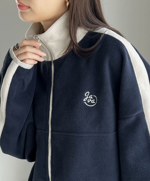 《Javaジャバコラボ》大人スポーティ ロゴ刺繍 フリースサイドライン配色フルジップトップス jv1050117