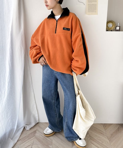 《Javaジャバコラボ》高見えラバーロゴ。ラフでお洒落な大人の配色フリースハーフジッププルオーバー jv1050088