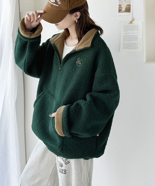 《Javaジャバコラボ》あったか素材でほっこり。JAVA刺繍ボアフリースハーフジップPO jv1260011