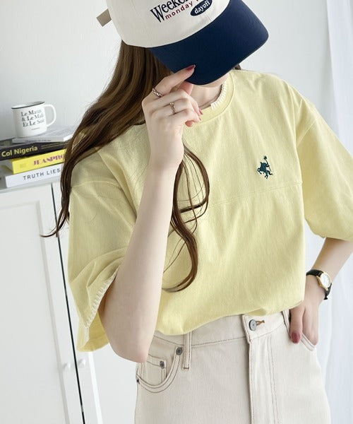 《Javaジャバコラボ》ステッチデザインが目を惹く。綿100%ワンポイントハンド刺繍ピグメントTシャツ jv1260109