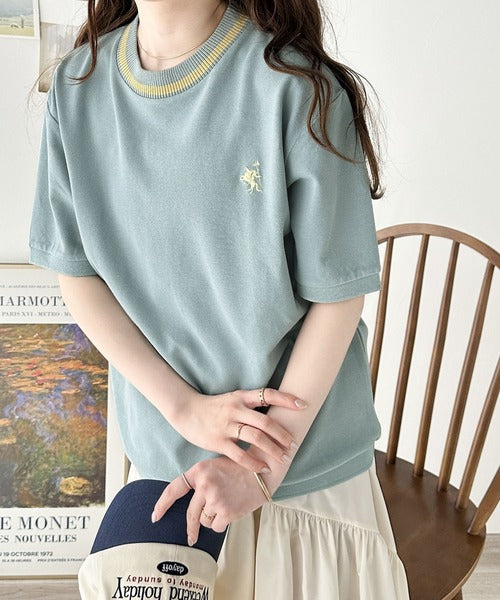 レトロ配色が可愛い。綿100%、編立リブワンポイント刺繍鹿の子Tシャツ ce1260165