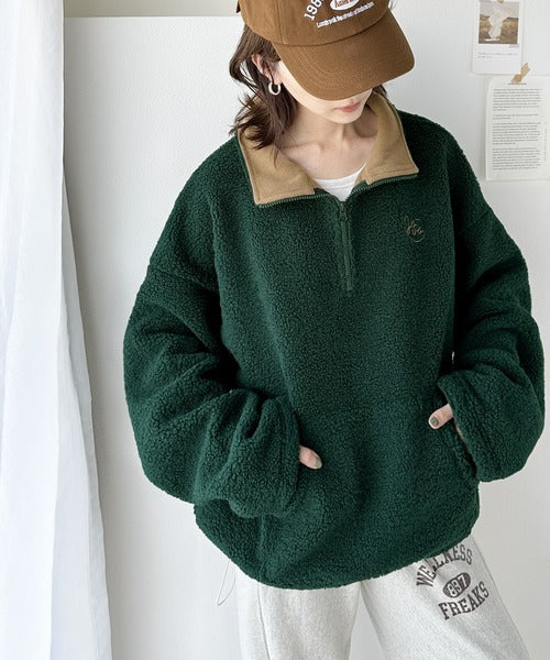 《Javaジャバコラボ》あったか素材でほっこり。JAVA刺繍ボアフリースハーフジップPO jv1260011