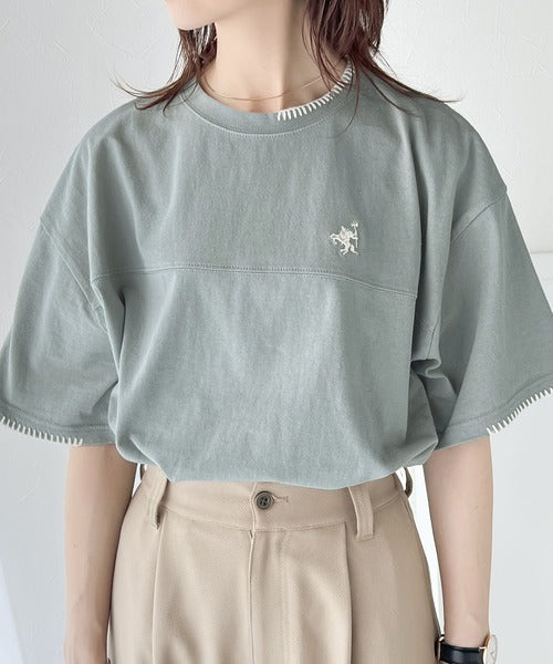 《Javaジャバコラボ》ステッチデザインが目を惹く。綿100%ワンポイントハンド刺繍ピグメントTシャツ jv1260109
