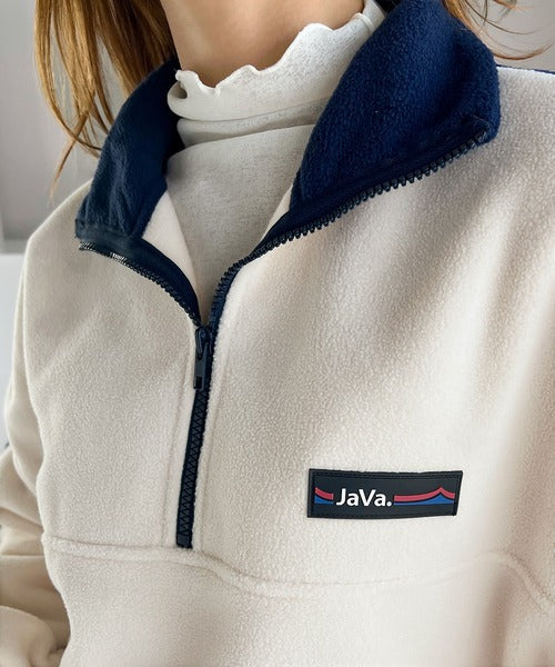 《Javaジャバコラボ》高見えラバーロゴ。ラフでお洒落な大人の配色フリースハーフジッププルオーバー jv1050088